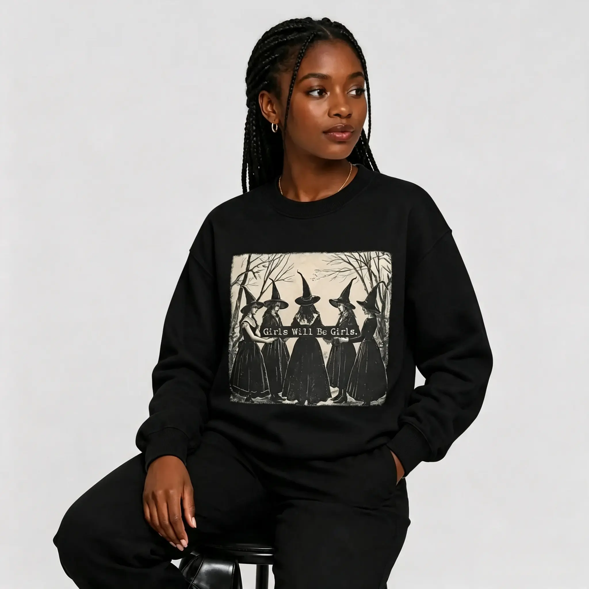 Retro Gothic Crewneck Sweatshirt with Witch Graphic, Unisex Long Sleeve Street Style Pullover for a Casual Party, Garments
