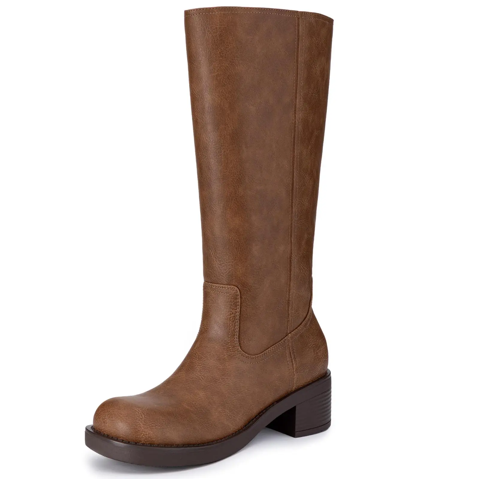 Women's Low Heel Knee High Boots - Square Toe, Chunky Block Slip-On Riding Boots for Party, Back to School - PU Leather, Neutral Faux Leather Design