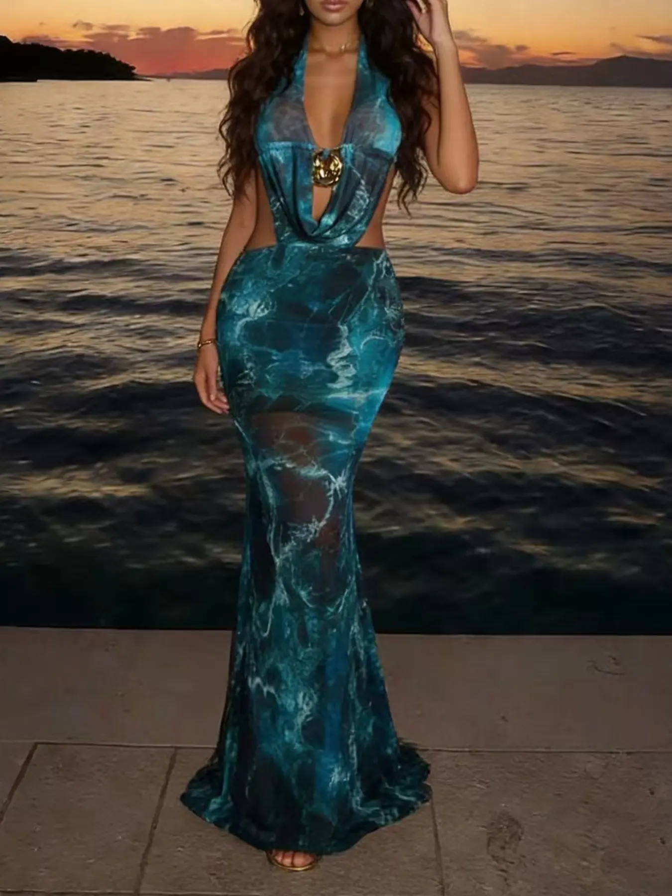 Summer Night Women's Sexy Luxurious Chic Transparent Sheer Sleeveless Evening Party Dress, Off-Shoulder Design, Hollow Out Pattern, Print, Beachwear, Mesh Material, Metal Decorations, Cocktail Dresses, Embellished Dress