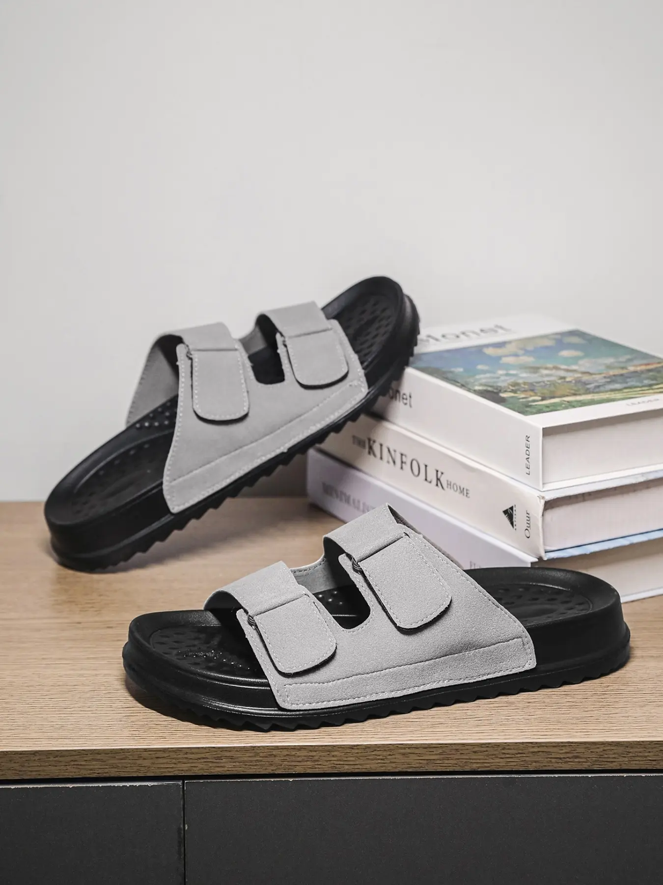 Men's 4-color Faux Suede Summer Slides with Dual Velcro, Sizes 39-45. Adjustable dual Velcro straps, matte suede upper, dot massage insole, anti-slip thick sole for outdoor casual wear