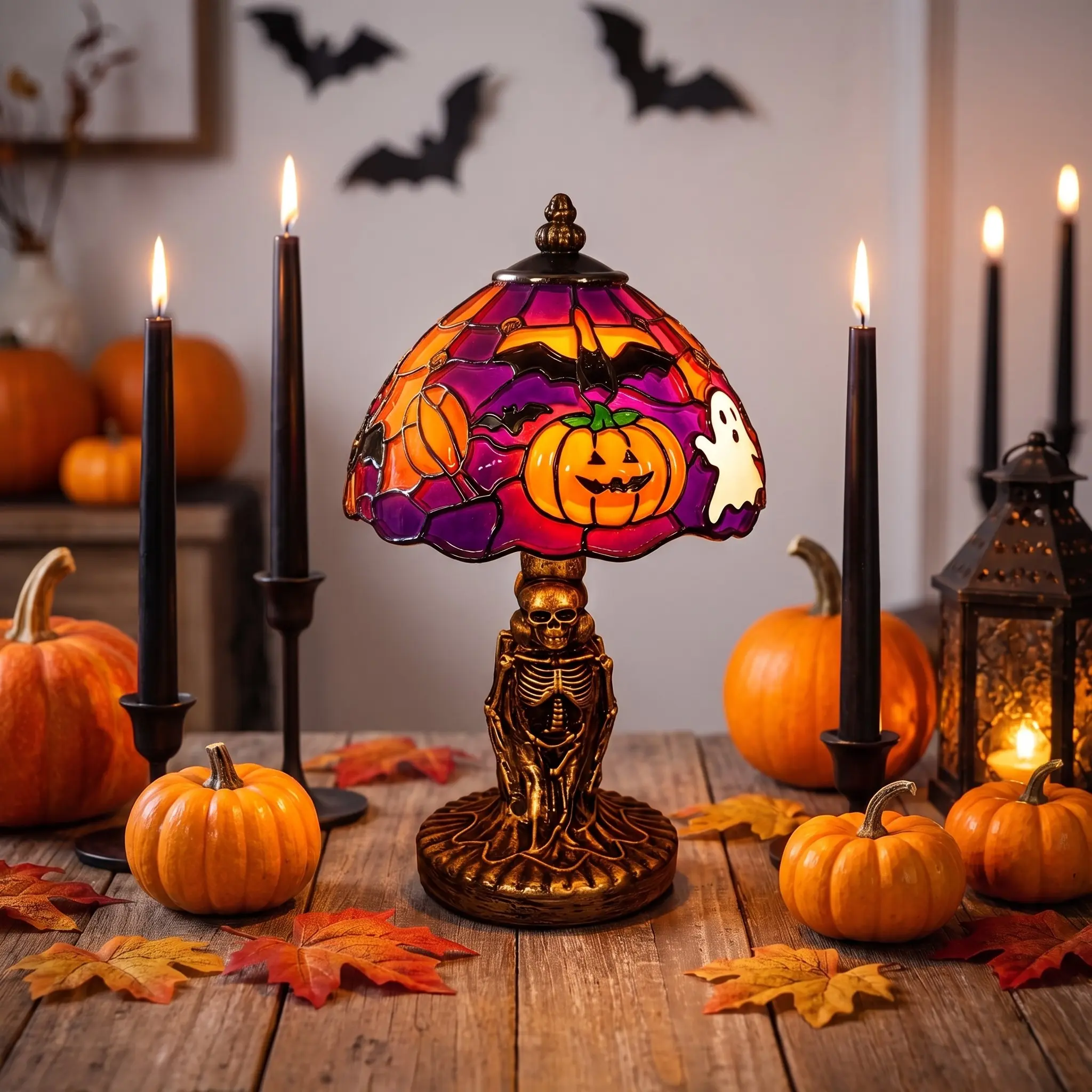 Gothic Skull Night Light with Painted Pumpkin Ghost, Spooky Halloween Decor, Unique Gift, Haunted Atmosphere for Bedroom, Living Room, Party, Indoor Decorative Light