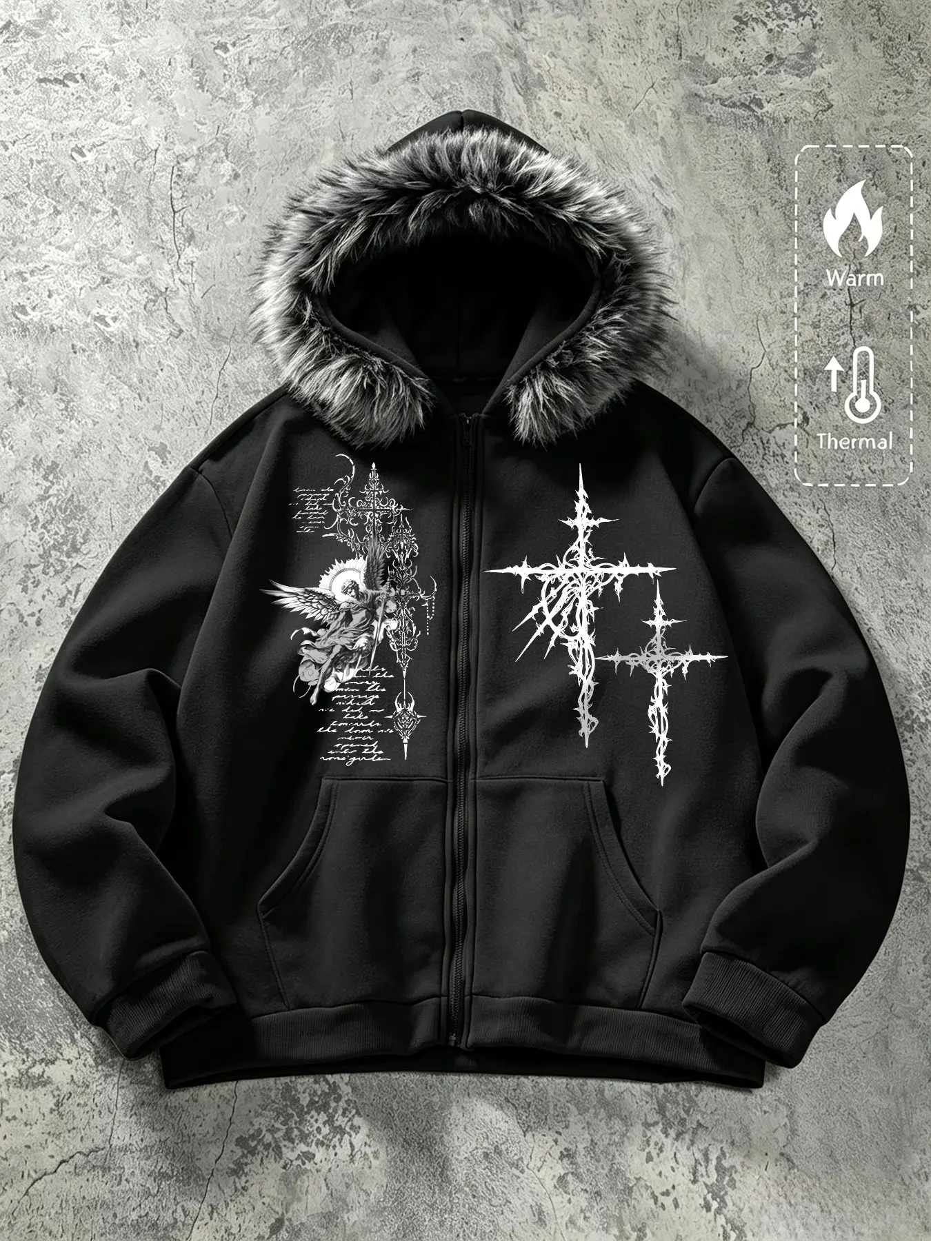 Men's Fur Collar Zipper Hoodie, Gothic Street Style, Warm Thick Fabric, Angel Thorns Cross Print, Large Fur Collar Design, Sweatshirts
