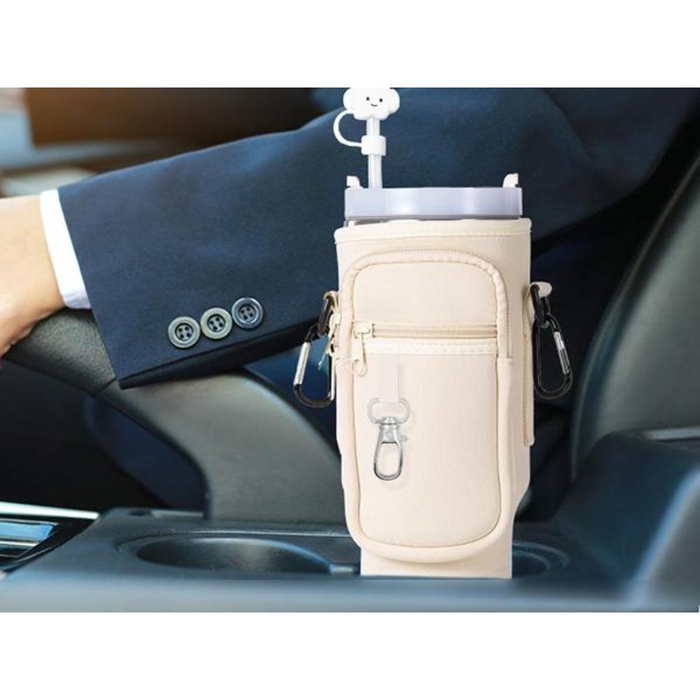 Water Bottle Carrier Bag with Phone Pocket for Stanley 40/30 oz Tumbler, Neoprene Water Bottle Holder Pouch with Adjustable Strap, Straw Cover & Carabiner, Ideal New Year & Valentine's Day Gift