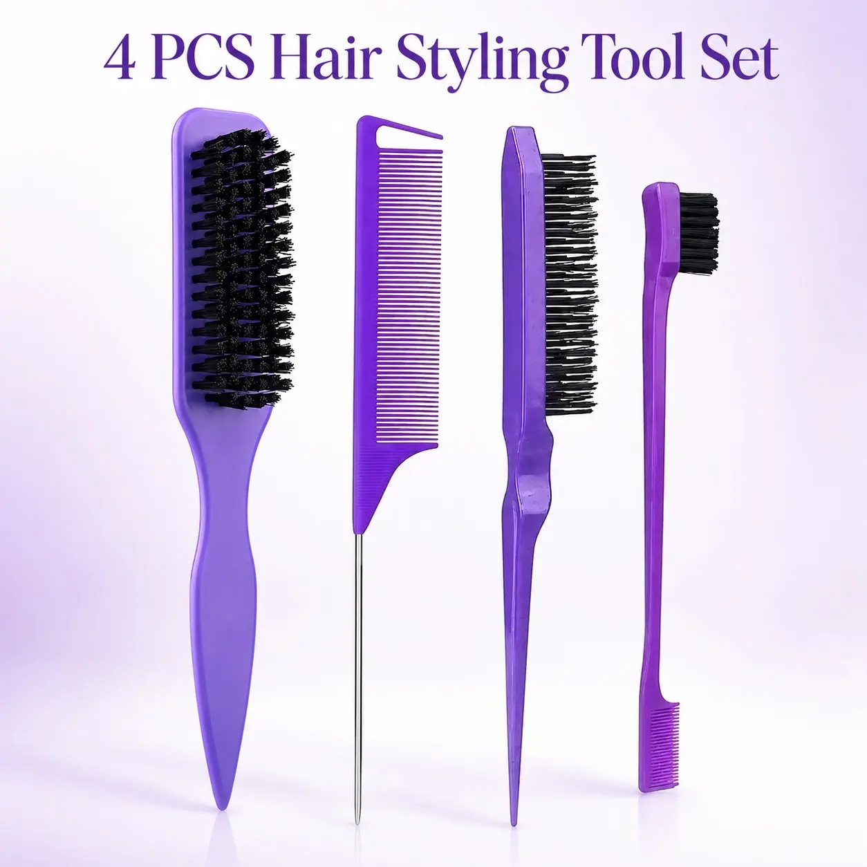 4PCS Hair Styling Tool Set for Women, Purple Styling Brush, Rat Tail Comb, Teasing Brush & Edge Brush Comb, Detangling Parting Root Volume Edge Control Tools for Natural Hair, Wigs, Curly Straight Hair, Brush for thick hair
