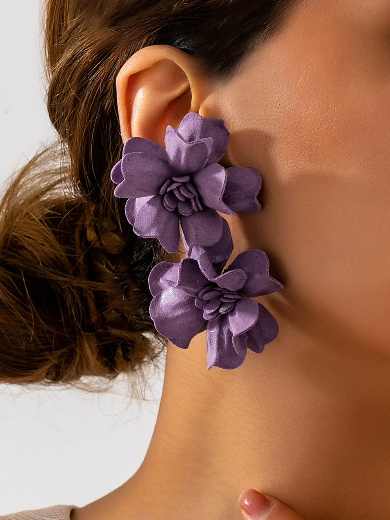 Purple Fabric Double Flower Drop Earrings, Elegant Floral Statement Studs for Women, Lightweight Petal Earrings for Party & Daily Wear, Fashionable Jewelry Accessories, Fashion Chic Accessories