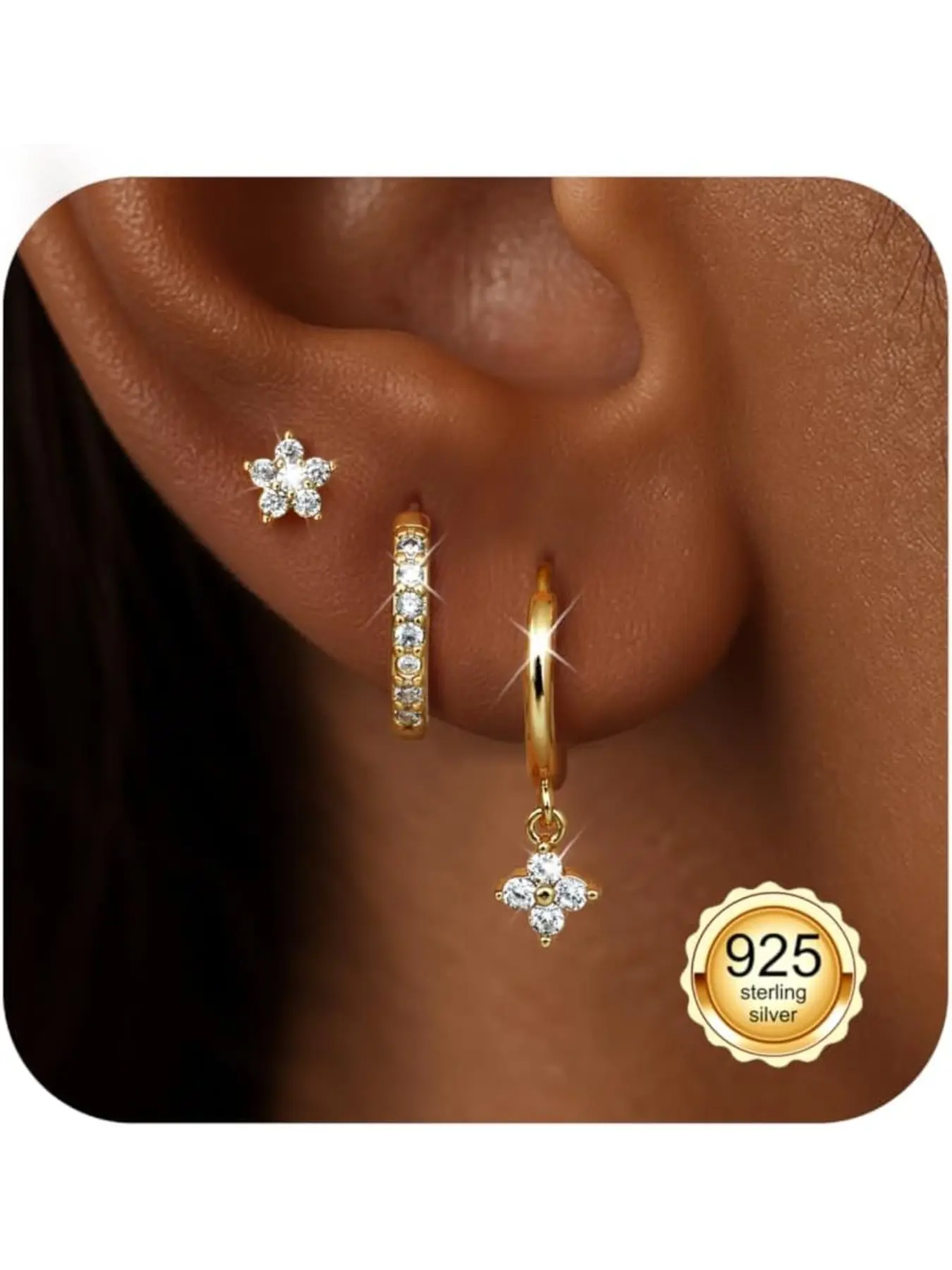 3 Pairs Sterling Silver Earrings for Women Stud Hoop Earring Set Hypoallergenic Cartilage Earring Sets for Multiple Piercings Studs Huggies Earrings Hoops for Women Silver Gold