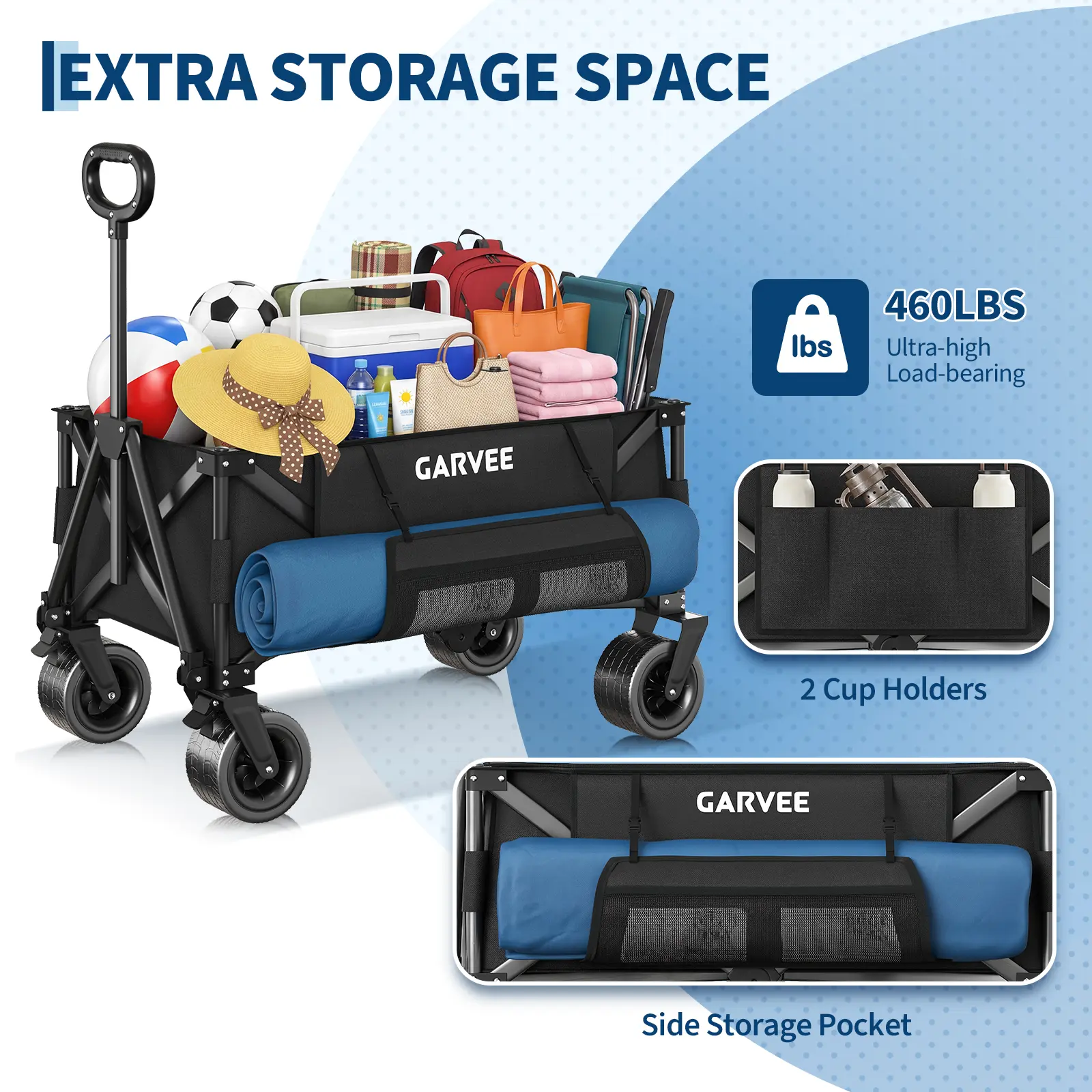 200L Camping Trolley, Festival Trolley with 209 kg Capacity, Heavy-Duty Portable Collapsible Cart with All-Terrain Wheels, 2 Cup Holders,  Side Storage Pocket for Camping, Shopping, Picnic