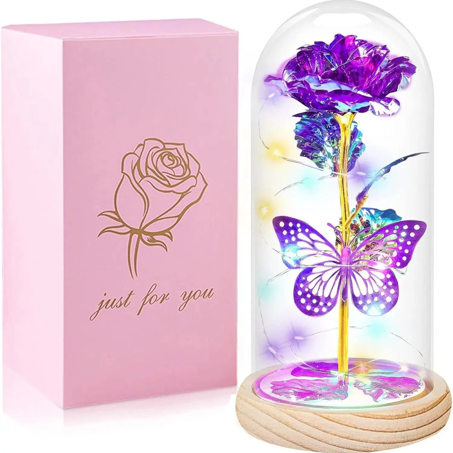 Enchanting LED-Lit Butterfly Rose in Glass Dome - Ideal Gift for Her on Valentine's, Anniversary, Mother's Day & More - Purple Rose with Golden Accents, Battery-Operated (AAA) - Elegant Pink Gift Box Included, Butterfly Decorations