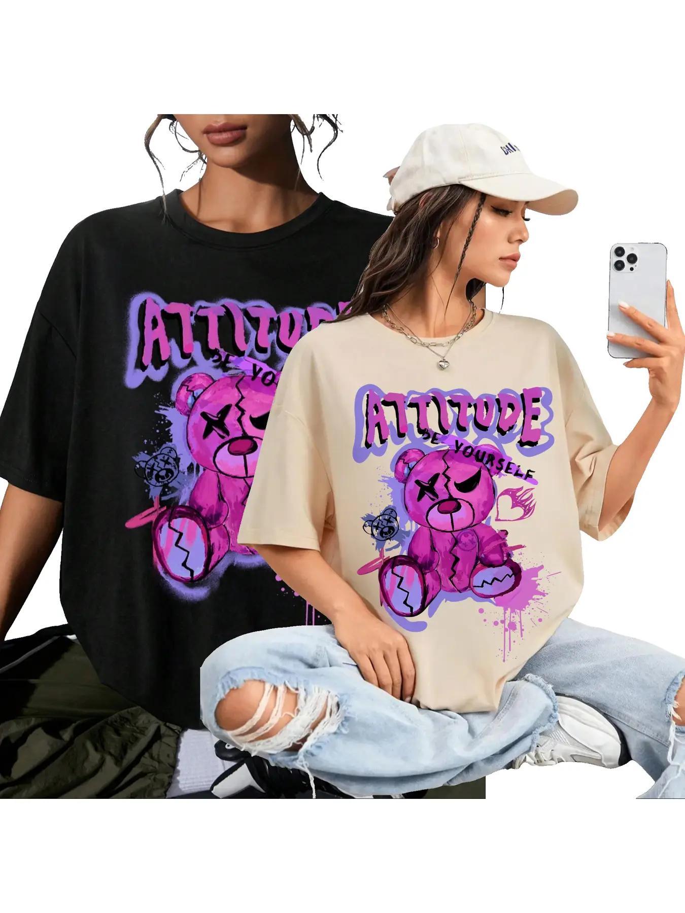 Cartoon Graphic Print Drop Shoulder Tee, Summer Casual Funny Letter Print Crew Neck T-shirt for Daily Holiday Vacation Outdoor Wear, Women Tops for Summer