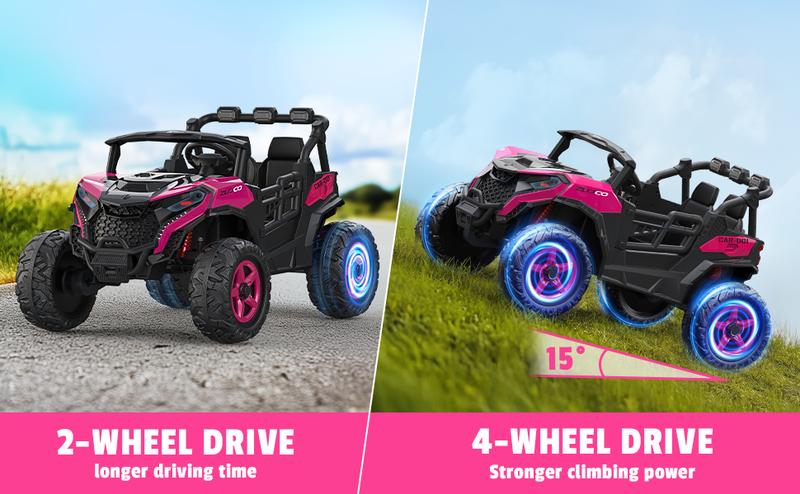 24V 2 Seater Ride on Car Truck, 4x200W, EVA Tires, 4WD/2WD, Rainbow Lights, Remote Control, Shock Absorbers, Bluetooth, Ride On UTV Toy for Kids – The Ultimate Christmas Gift They’ll Love!