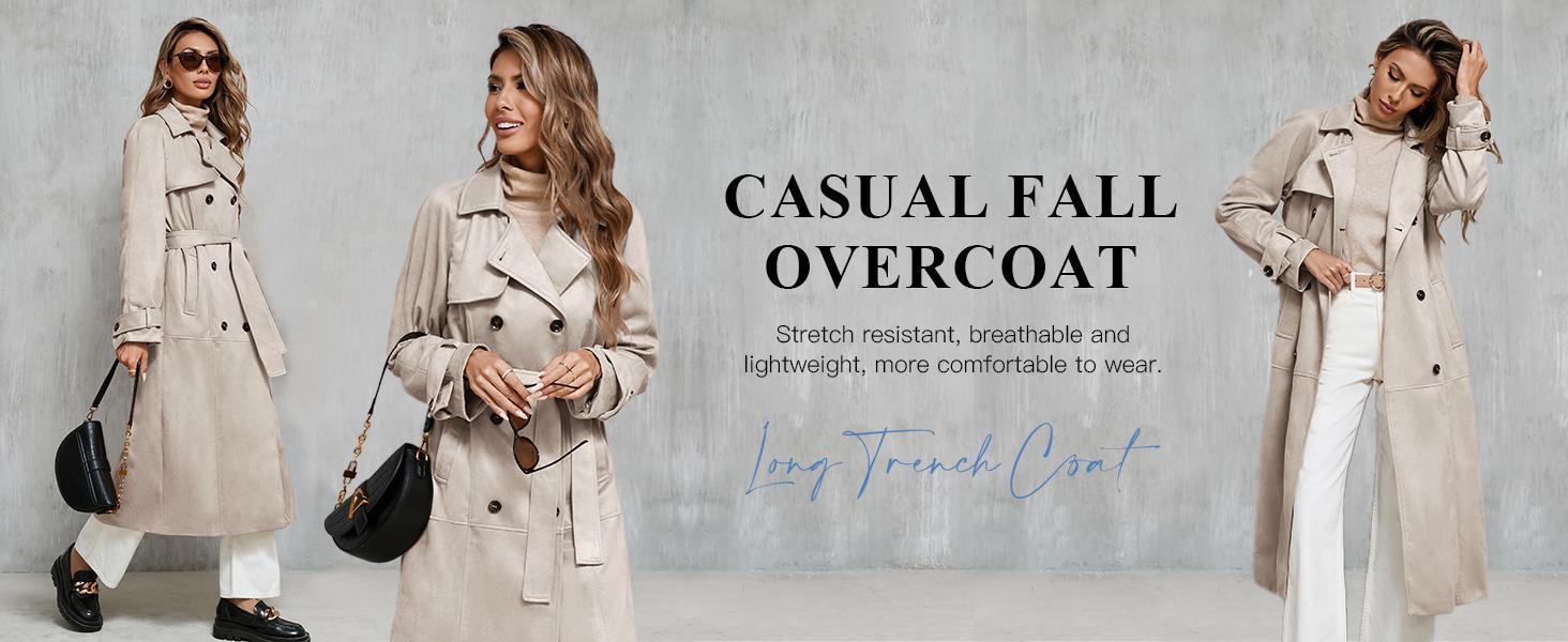 Imily Bela Womens Long Trench Coat Fall Faux Suede Jackets Double Breasted Lapel Pea Coat with Belt