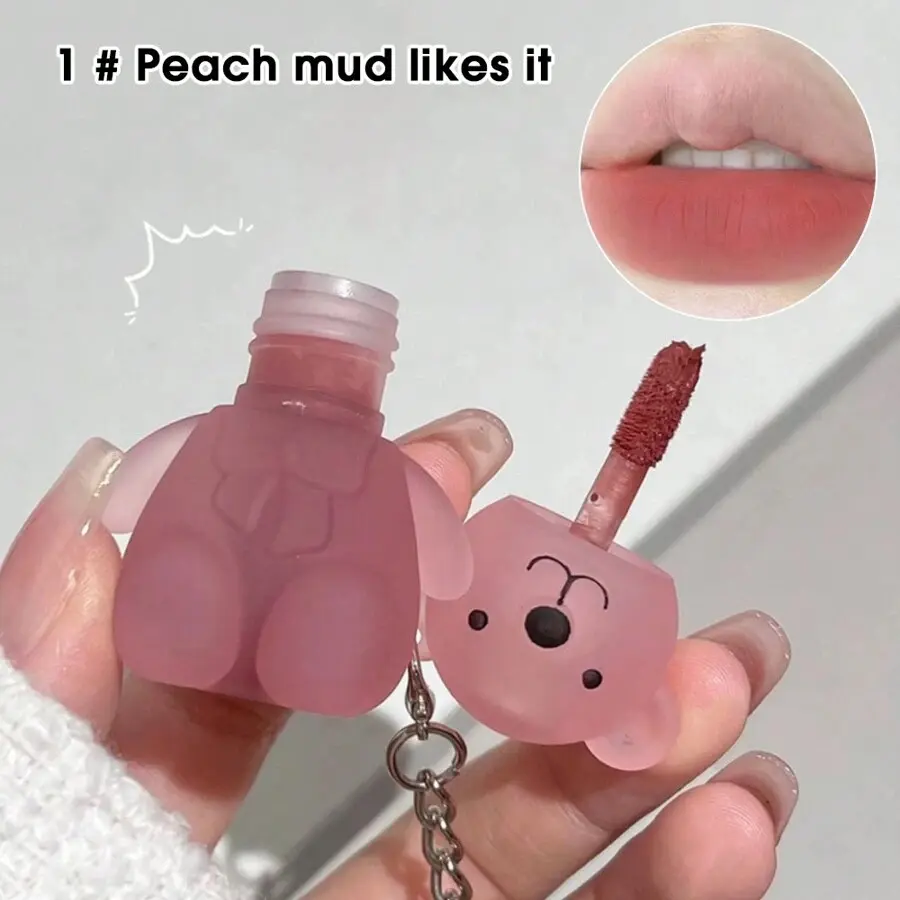 Bear Pattern Keychain Lip Gloss,Silky Matte Finish Lip Mud Long-Lasting Matte Liquid Lipstick Highly Pigmented Lip Gloss Y2K Make Up Makeup Multicolor