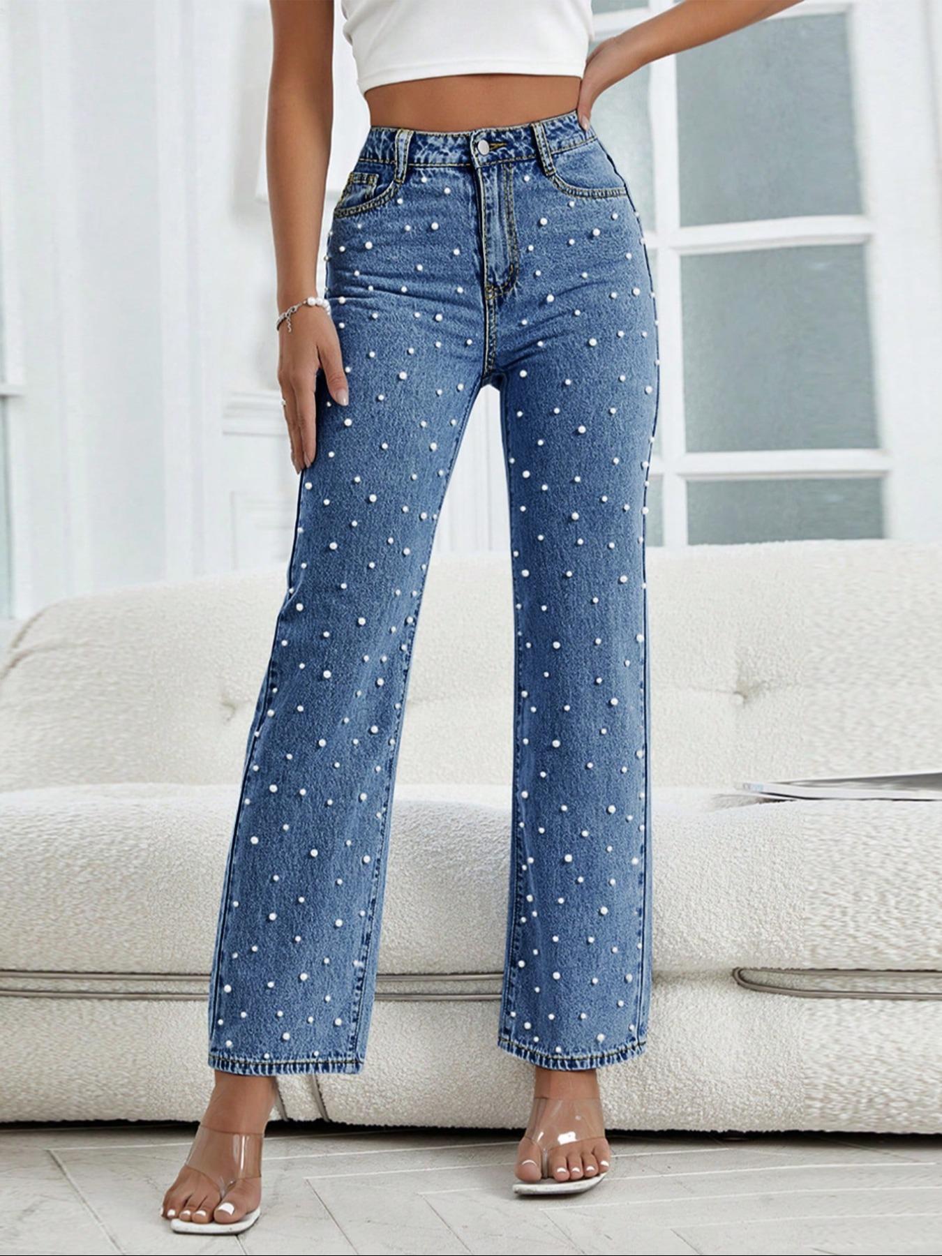 Women's Faux Pearl Decor Button Fly Denim Jeans Pants, Casual Comfy High Waist Pocket Design Jeans for Daily Wear, Ladies Bottoms for All Seasons