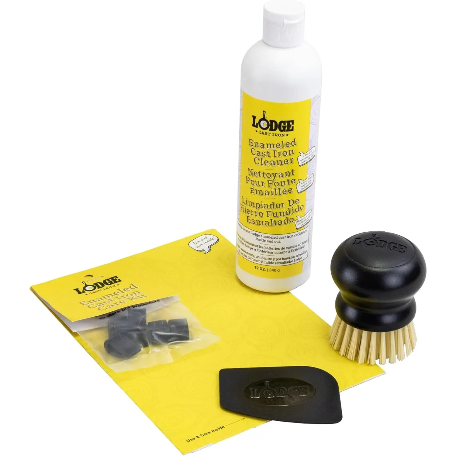 Enameled Cast Iron and Ceramic Stoneware item Cleaner Care Kit, 11oz Cleaner, Pan Scraper item, Scrub Brush, Pot Protectors, Use and Care Booklet