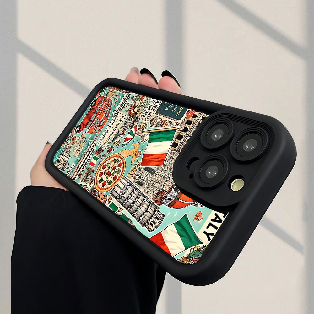 Italian - themed Travel Elements Pattern Phone Case Fashionable Popular Shock - Proof Anti - Fingerprint Full Coverage Thick Protective Soft Case Compatible with iPhone 17 E Air Pro ProMax iPhone16 15 14 Plus 13 12 Mini 11 X XS XR