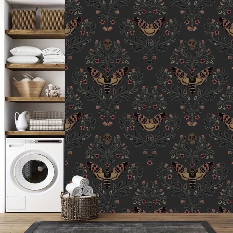 Skull Head Moth Pattern Wall Sticker, 1 Roll Waterproof Self-adhesive Wallpaper, Removable Wall Decal for Home Living Room Bedroom Dormitory Decor