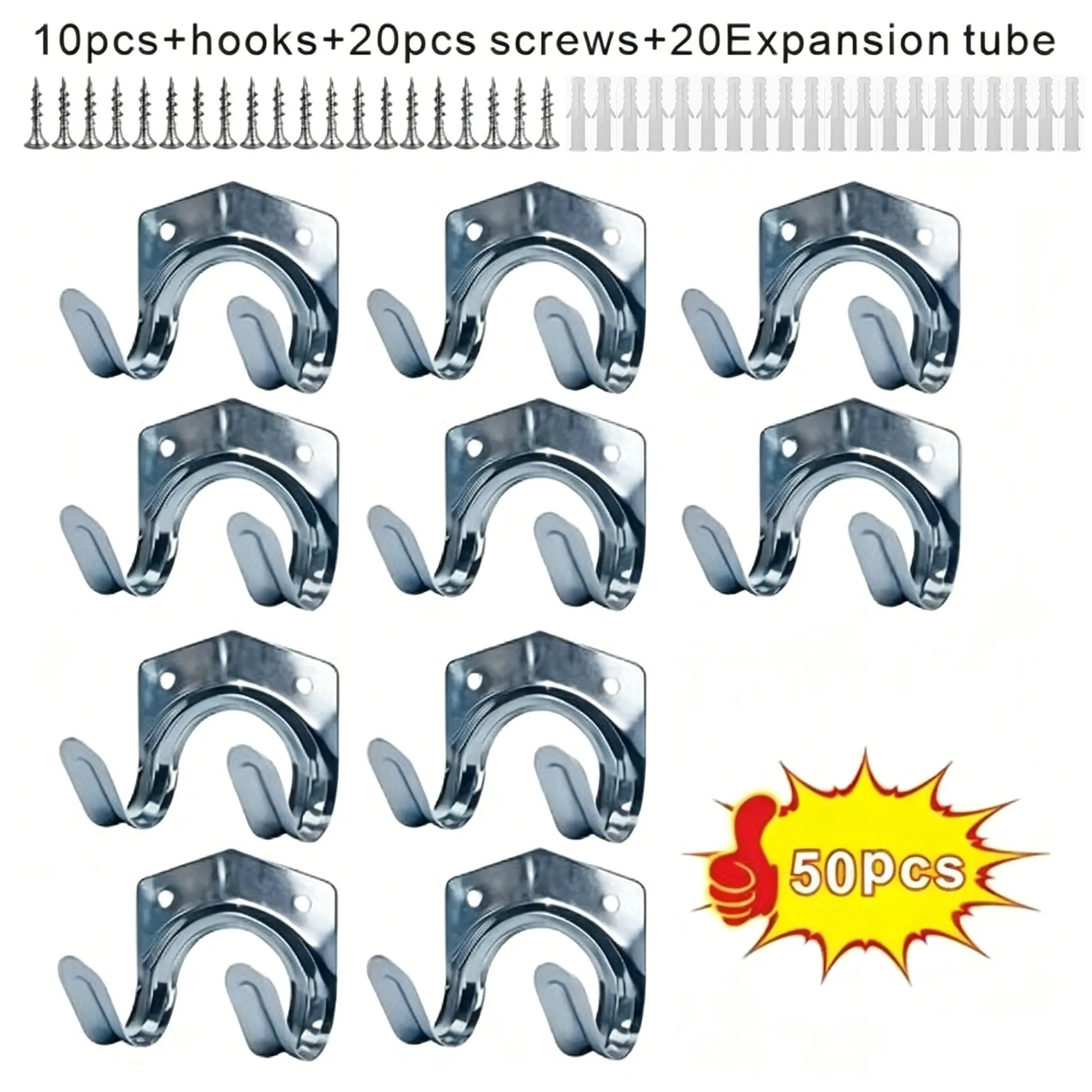 50Pcs Garage Hooks Heavy Duty Rustproof Metal Wall Mount Tool Holder, Thickened Double Hook Garage & Garden Storage Rack, Industrial Wall Hanger Organizer for Shovels Rakes Yard Equipment, Comes with 20 Screws & 20 Expansion Tubes