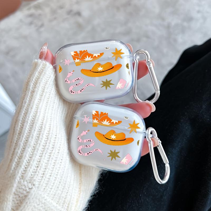 Cowboy Star Boots Pattern Protective Case for AirPods 4/3/2/1/Pro/Pro2 Soft TPU Earphone Cover, Transparent with Keychain