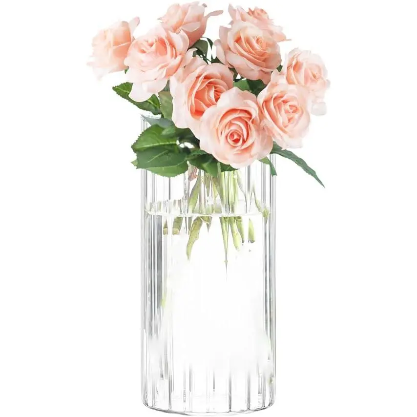 6 Inch Glass Vase with Vertical Stripe,Modern Ribbed Clear Flower Vase | Ribbed Texture Design,Wide Opening,Smooth Polished Rim,Thickened  Base,,Living Room Table Decor,Housewarming