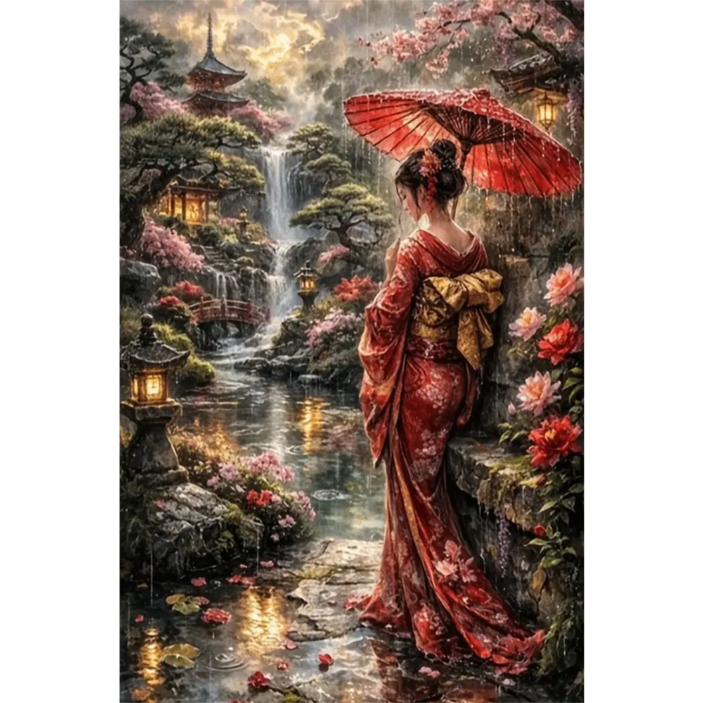 2d flat painting 5D DIY Diamond Painting Kit Japanese Geisha in Rainy Garden with Red Umbrella Round Resin Diamonds Full Drill Including Tools Sparkling Wall Art for Home Decor Living Room Bedroom Gift Idea