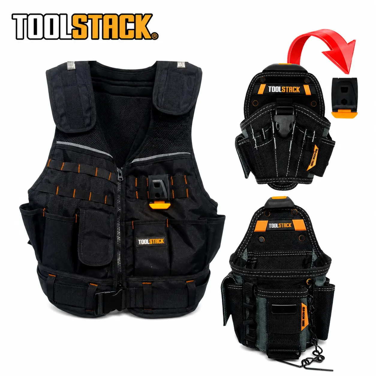 TOOLSTACK Tool Vest Set Heavy Duty Work Vest with Multi Pockets Adjustable Utility Vest with Tool Pouch Holster for Electricians