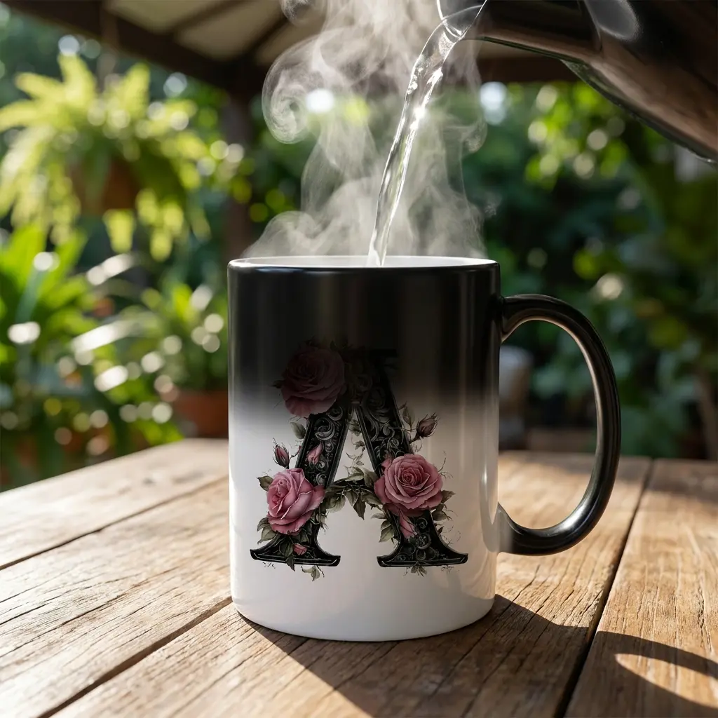 Heat Sensitive Gothic Monogram Mug 11oz, Morning Coffee Cup With Initial and Dark Roses