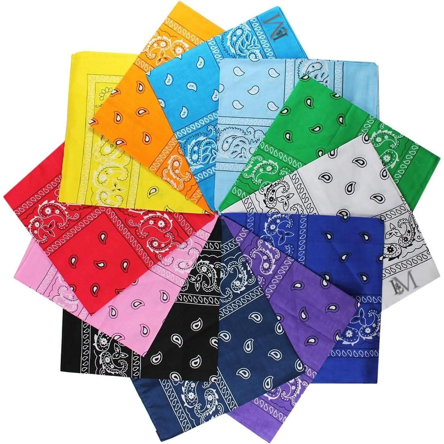 L&M® 12Pcs Bandanas 100% Cotton Paisley Print Head Wrap Scarf Wristband