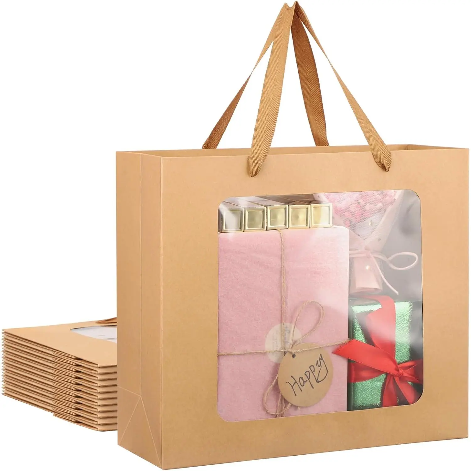 Clear  Bag with Window, 12 count 12.5"x4.5"x11" Large  Brown Transparent Paper  Bags Bulk, Bouquet Tote  Shopping Transparent Bags with Handles for Wedding Festival Bridal Party