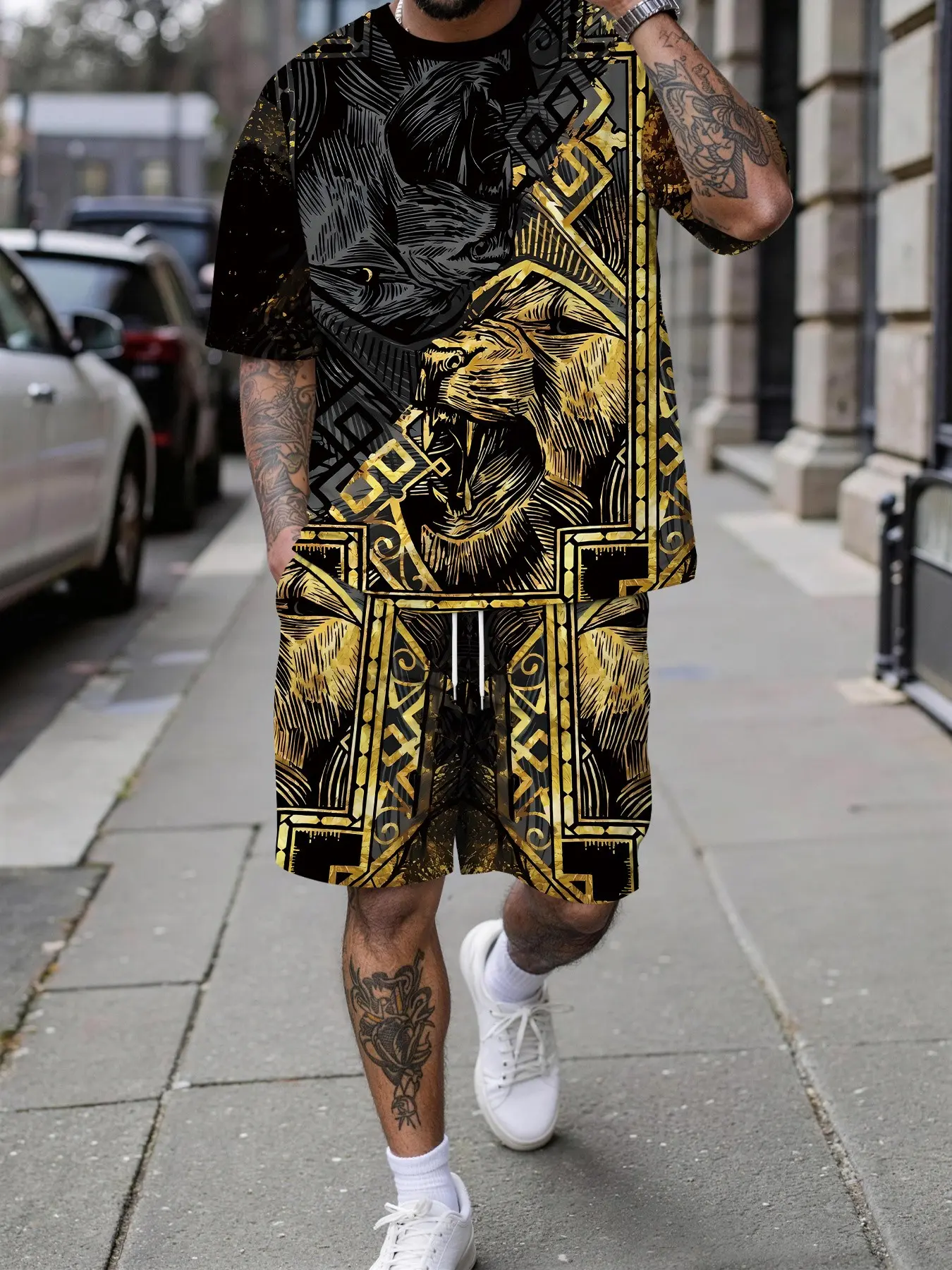 Men's Lion Totem Full Print 3D Digital Print Set, Casual Loose-Fit Short Sleeve Top and Shorts, Retro Polyester with Drawstring