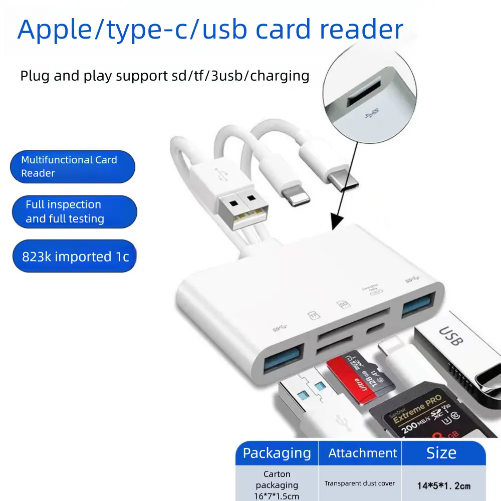 5-in-1 SD card reader, USB-C and Lightning interfaces, compatible with iPhone, iPad, Android, action cameras, surveillance systems, fast bidirectional photo and video transfer, plug-and-play, no app required, camera memory card reader adapter