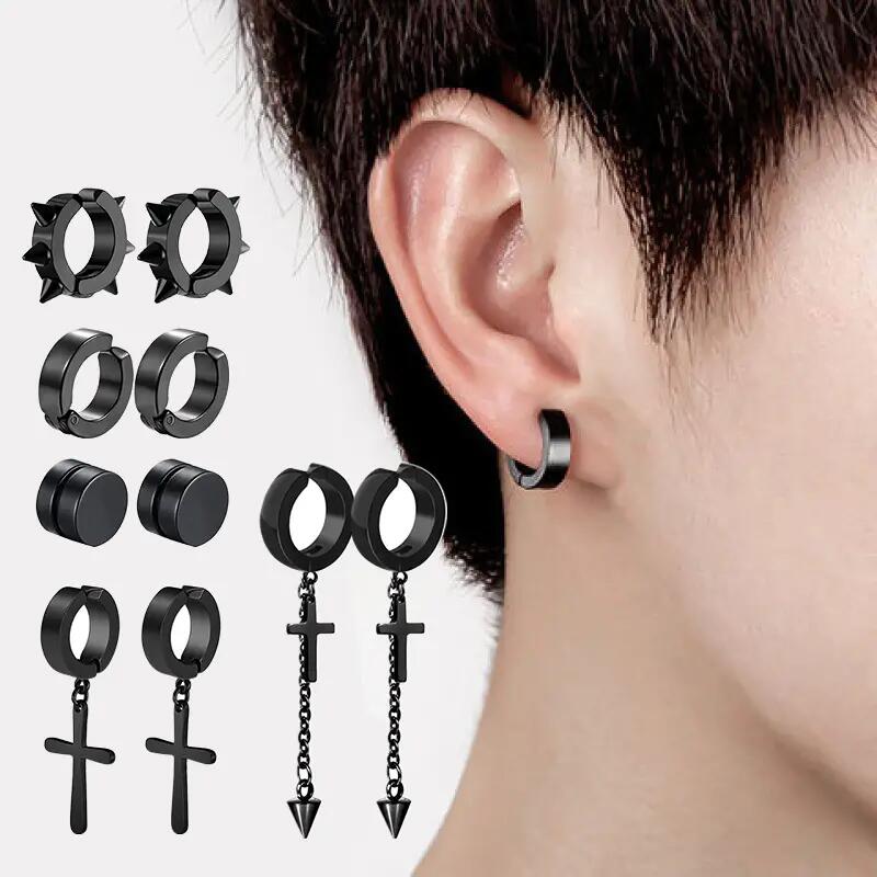 5 pairs of fashionable men's punk cross pendants stainless steel earless magnet earrings set