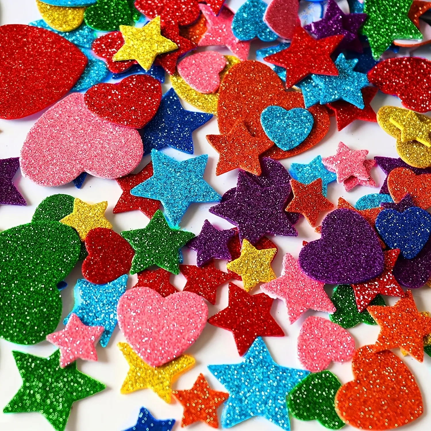 100pcs Glitter Foam Stickers, Aesthetic Stickers, Self-Adhesive Multicolor Stars & Hearts, Shiny Craft Supplies for Greeting Cards, Home Decor, Art Projects