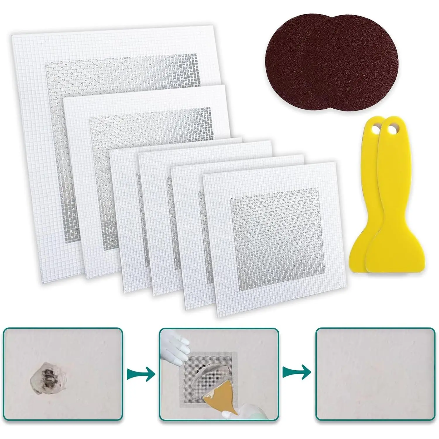 10-Pack Multi-Size Drywall Repair Kits for DIY Users, 4/6/8-Inch Self Adhesive Mesh Patches for Small/Large Holes, Includes Scraper & Sandpaper, Easy Apply for Plaster/Dry Wall Repairs