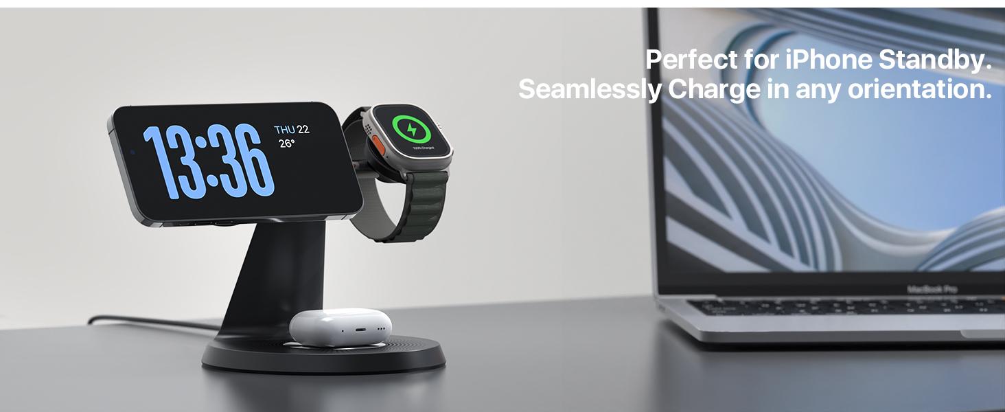 Charging Station for Apple Multiple Devices, for MagSafe Charger Stand, Wireless Charger for MagSafe 3 in 1 for iPhone 16 15 14 13 12 Series, Apple Watch, AirPods Pro/3/2 (30W Adapter Included)