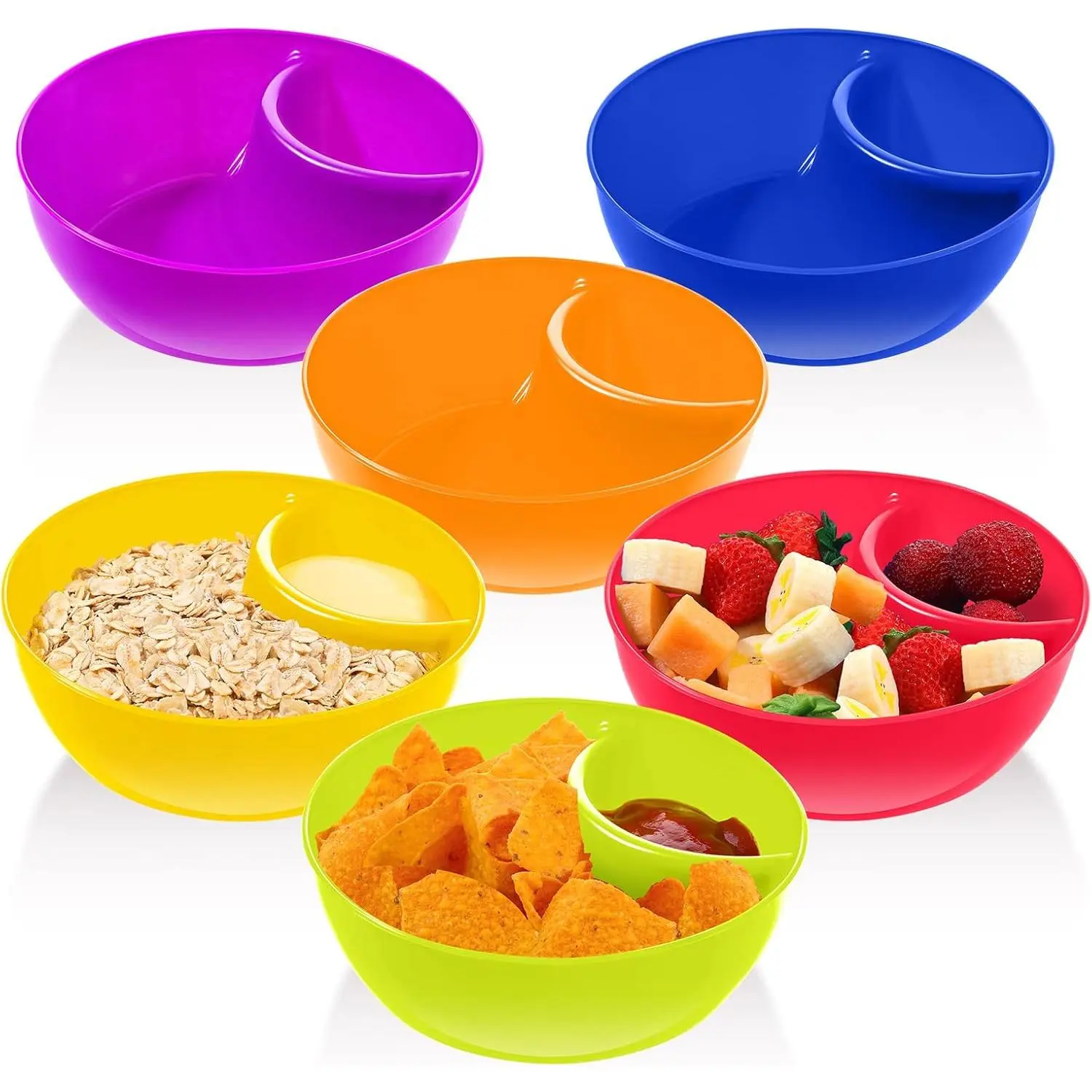 Snack and Dip Bowls, Chips Serving Bowls Anti Soggy Divided Bowl plastic Stackable Dish Microwave and Dishwasher Safe Container for Chips, Dips Snacks Salsa Salad Nuts, 6 Colors (6 Pcs)