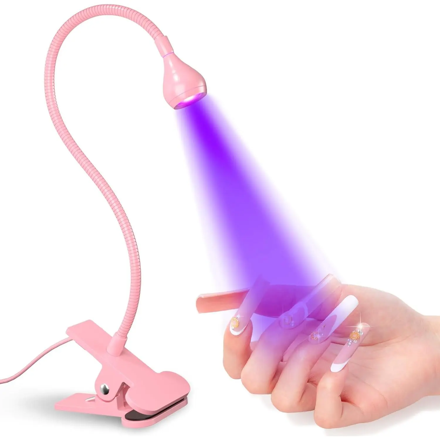 Pink UV LED Nail Lamp with Clamp On, 365+395nm Wavelength, 5V 3W, 4 Levels Dimming, Fast Curing for Nail Art, Manicure Dryer Black Light, Gooseneck Design