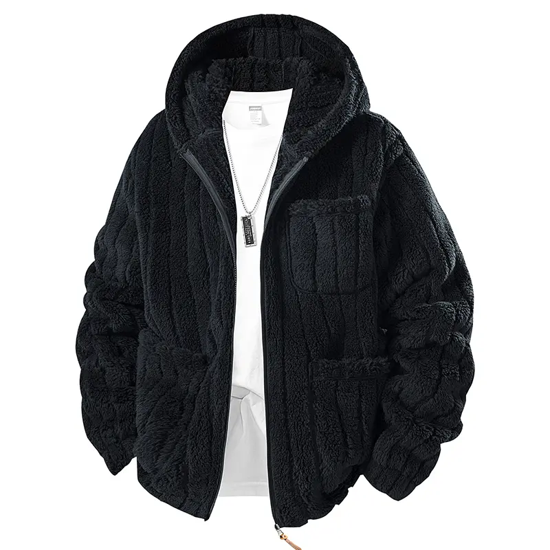Men's Sherpa Fleece Full-Zip Hooded Jacket - Longsleeves, Vertical Textured Ribbed Design, Pockets, Loose Fit, Stylish Menswear for Fall Winter Cold Weather, Tops, Warmth, Zipper, Streetwear, Outerwear long sleeve menswear top, Daily