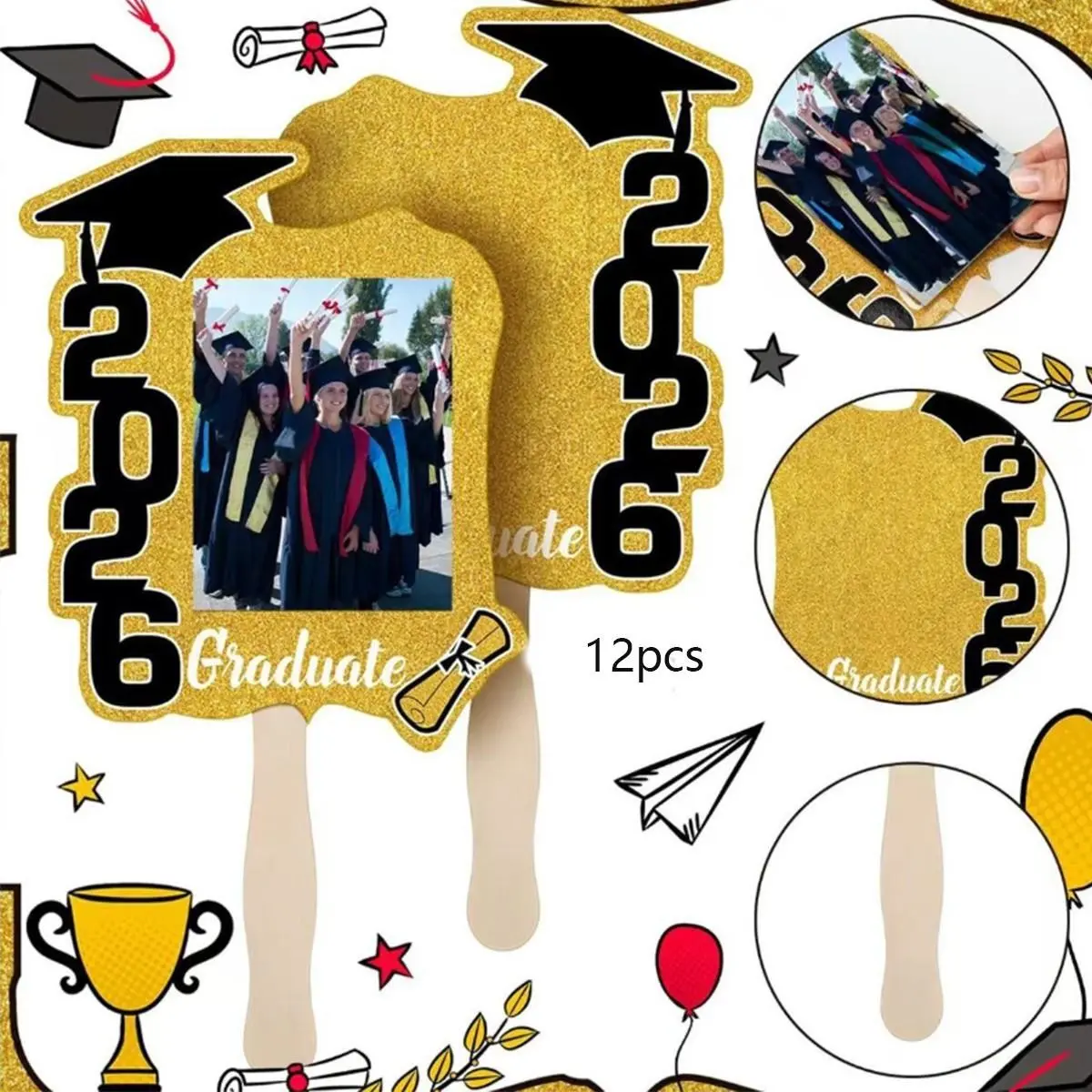 12 Piece Graduation Fan Photo Frame Props, Class Photos Handheld Signs, Stage Decor for Graduation Ceremonies, School Memories, Party Celebrations, Set