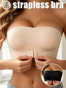2Pc Women's Strapless Seamless Wireless Unpadded Bra Soft Breathable Fabric Comfortable Front Close Bra Breathable Bras