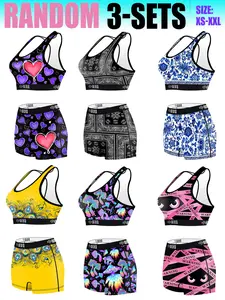 Random pattern Women's 3-Piece Printed Sports Bra Set, Halloween Skull Heart Paisley Print, Comfortable Stretchy Underwear, Sport Running Gym Swim Fashion
