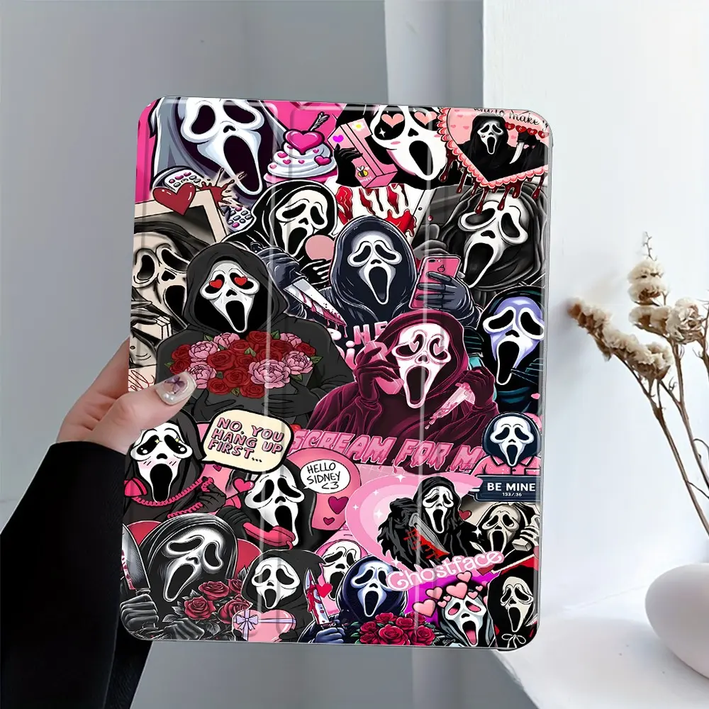 Pink Spooky Ghost Face Collage iPad Case with Pencil Holder, Shockproof Protective Cover for iPad 7.9/8.3/10.2/10.5/10.9/11/12.9/13 inch, Y2K Horror Coquette Aesthetic Tablet Cover for Teens & Adults, Ideal for School & Daily Use, iPad Protective Casing