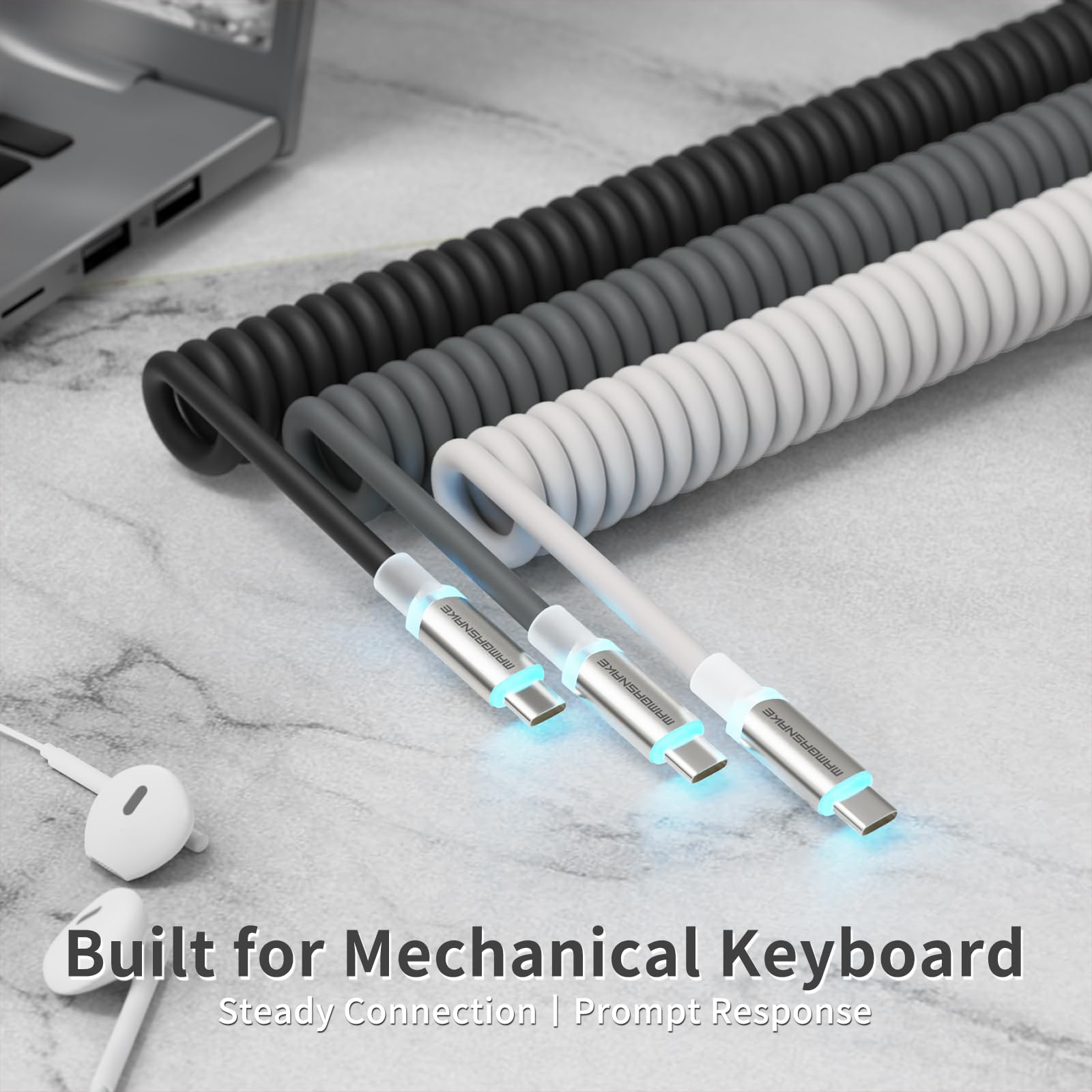 MAMBASNAKE C01 Ultra RGB Coiled Keyboard Cable, Pro Custom USB-C Aviator Cable for Gaming Keyboards, Stable Dual-sleeved Design, 2m Type-C to USB-A Hyper-speed