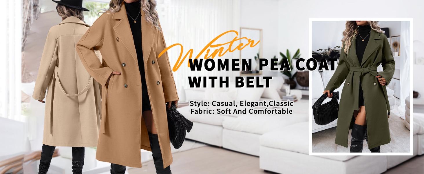 Danedvi Women Elegant Wool Pea Coat Lapel Collar Double Breasted Mid-Long Winter Overcoats with Belted Pockets