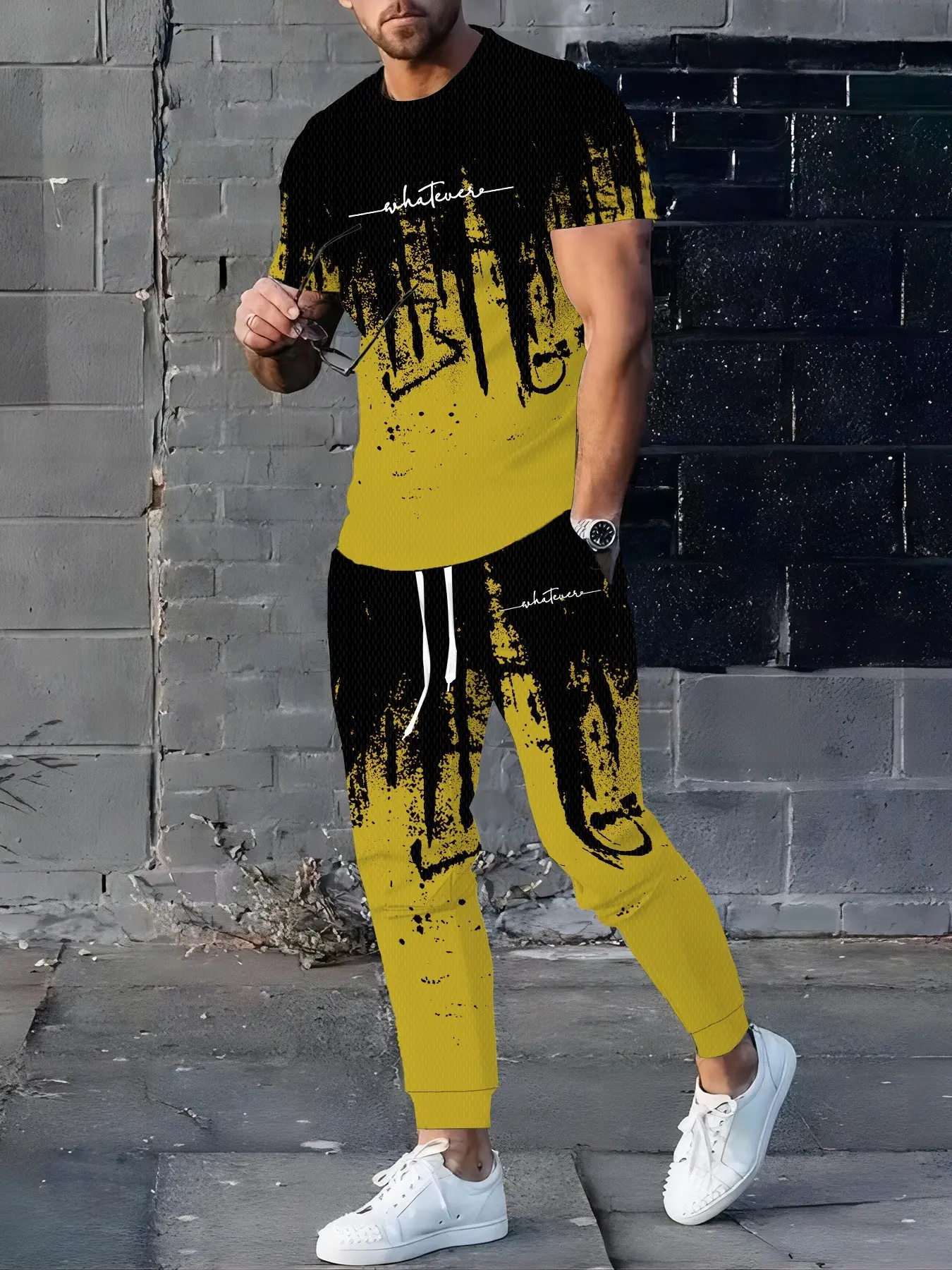 Men's Gradient Splash Graffiti 2-Piece Set, Breathable Mesh Short Sleeve Tee + Drawstring Jogger Pants, Casual Fall Winter Print Set