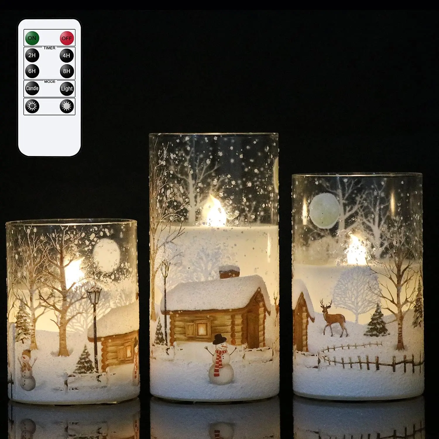 Snowman Glass Flameless Candles  Operated with Remote and Timer Real Wax LED Flickering Pillar Candles White Cold Light Window Christmas Holiday Decor D3 x 4",5",6"