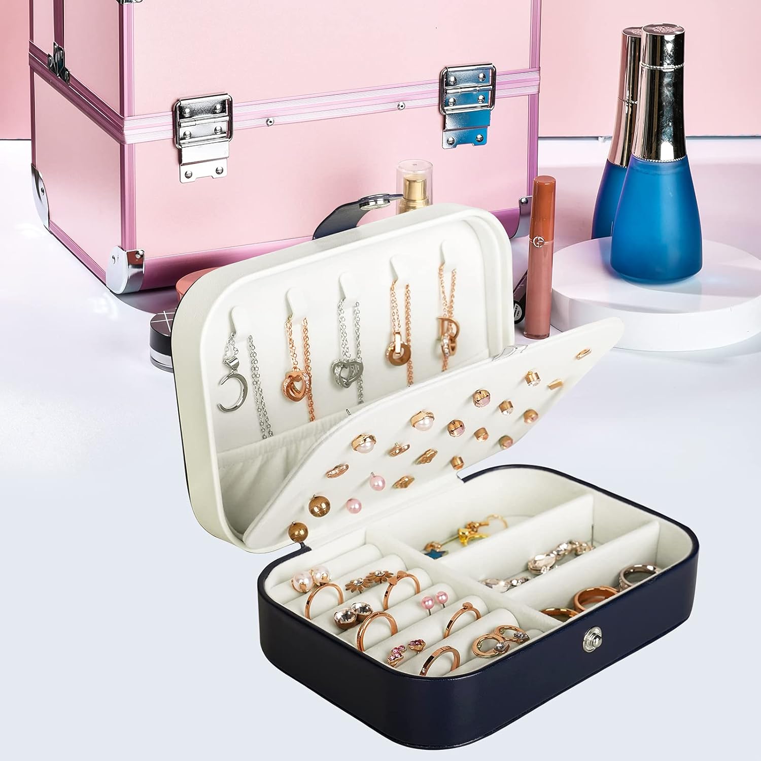 Travel Jewelry Box, PU Leather Small Jewelry Organizer for Women Girls, Portable Mini Travel Case Display Storage Holder Boxes for Stud Earrings, Rings, Necklaces, Bracelets
