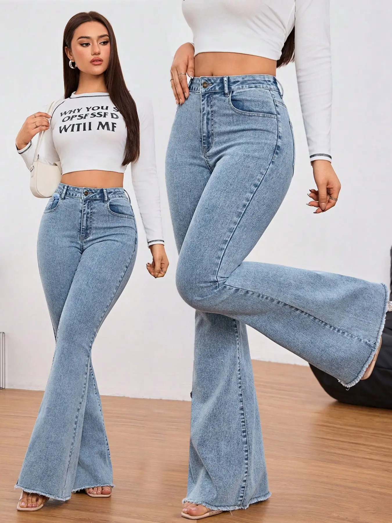 Tall Y2K Solid Light Wash High-Waisted Pocket Zipper Button Wide-Leg Jeans, Perfect for Tall Women's Daily Wear, Stylish, Casual and Comfortable