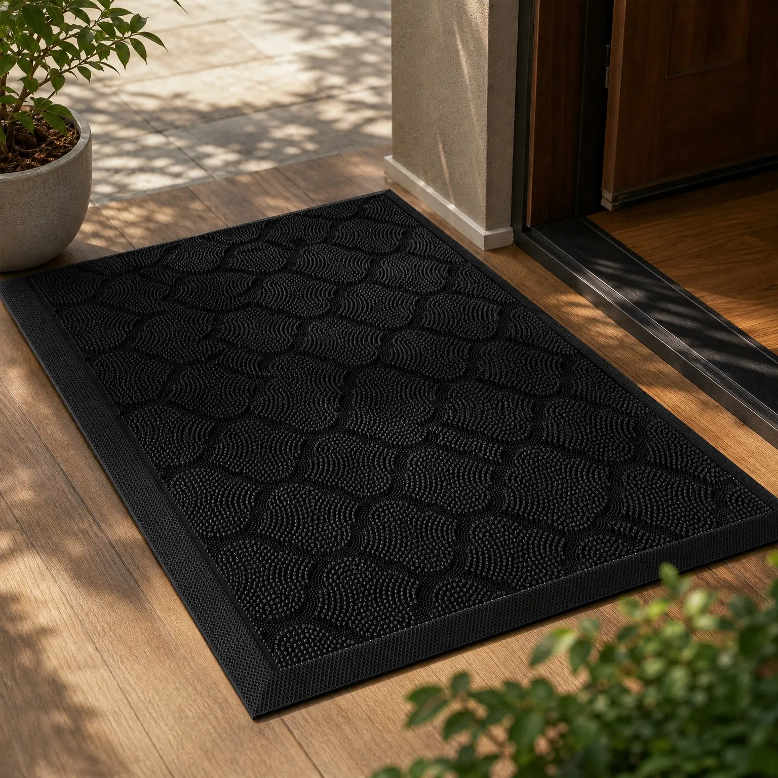 17"x30" Black Rubber Front Door Mat Non Slip, Waterproof Dirt Trapper Doormat with Drainage Holes, Heavy Duty All Seasons Low Pile Floor Mat for Entrance, Patio, GarageGift