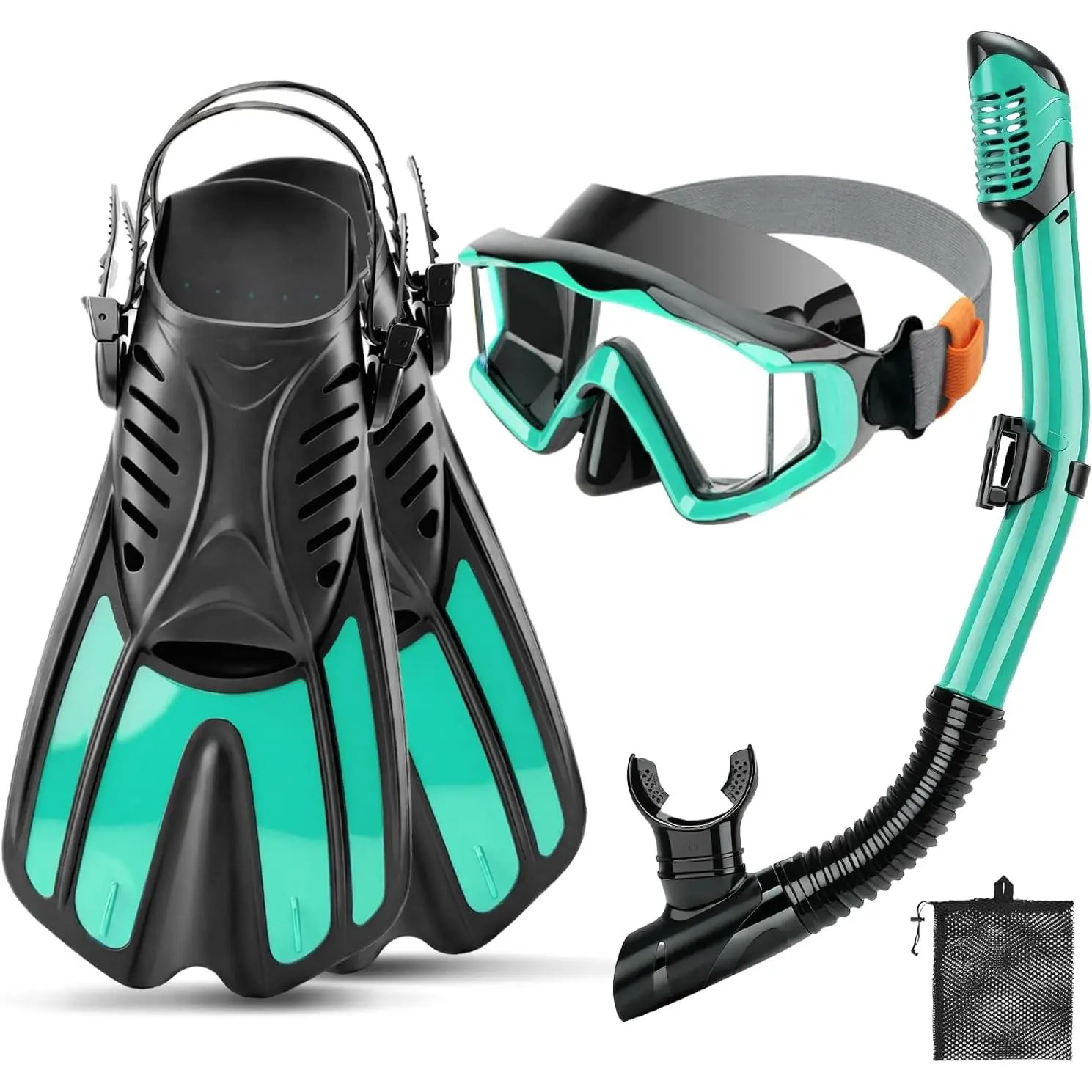 4 in 1 Snorkeling Gear Set for Kids Adults, Anti-Leak Anti-Fog 3-Window Snorkel Mask Fins Kit with Dry Top Snorkel, Adjustable Short Fins and Mesh Bag for Snorkeling