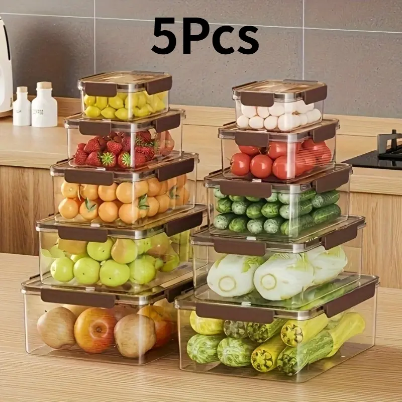 5Pcs/set Stackable Food Storage Box with Lid, Transparent Plastic Freshness Preservation Box, Vegetable, Fruit, Meat, Cake, Kitchen Refrigeration Storage Box